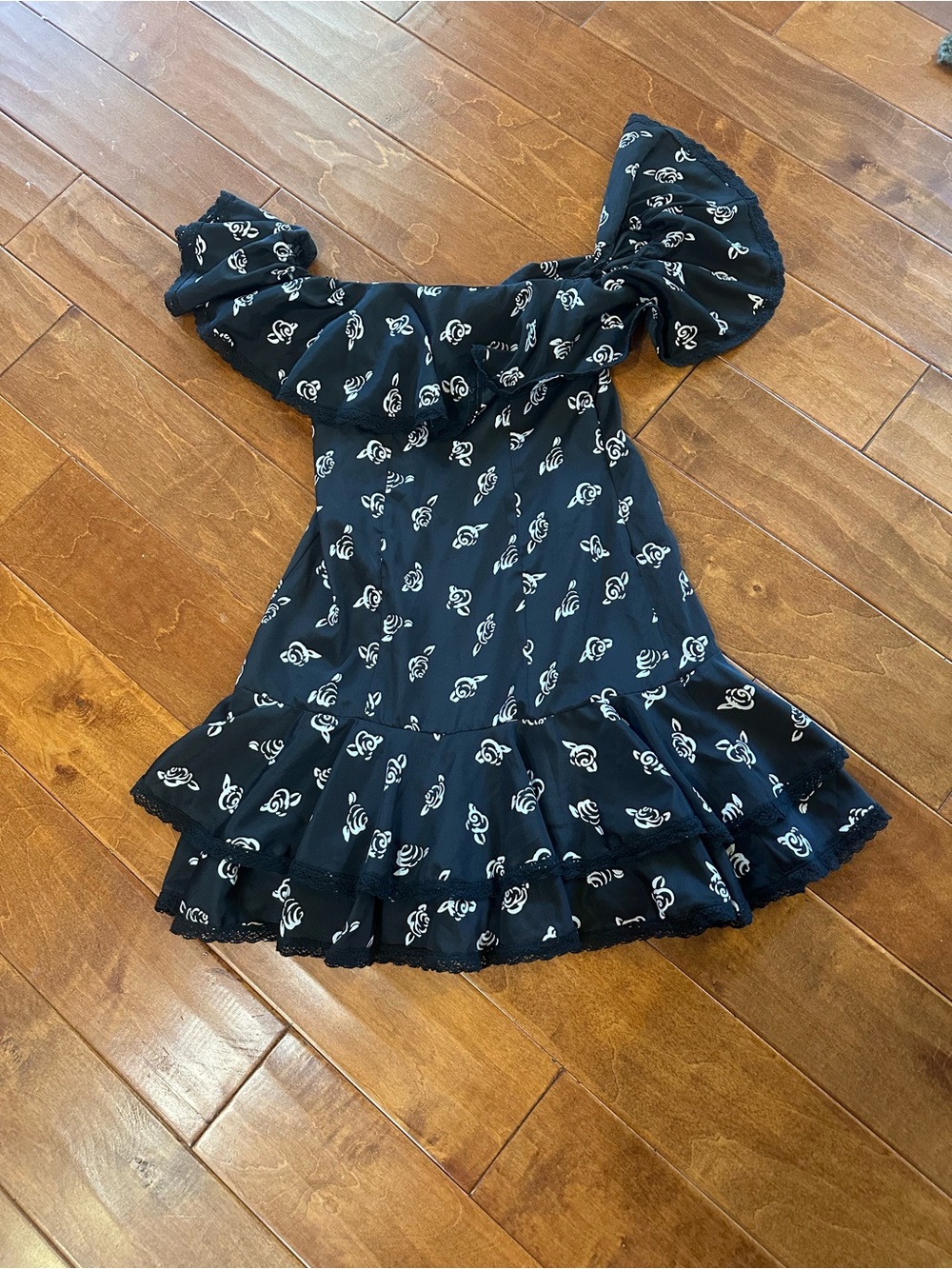 Likely Black Floral Off-Shoulder Ruffle Mini Dress